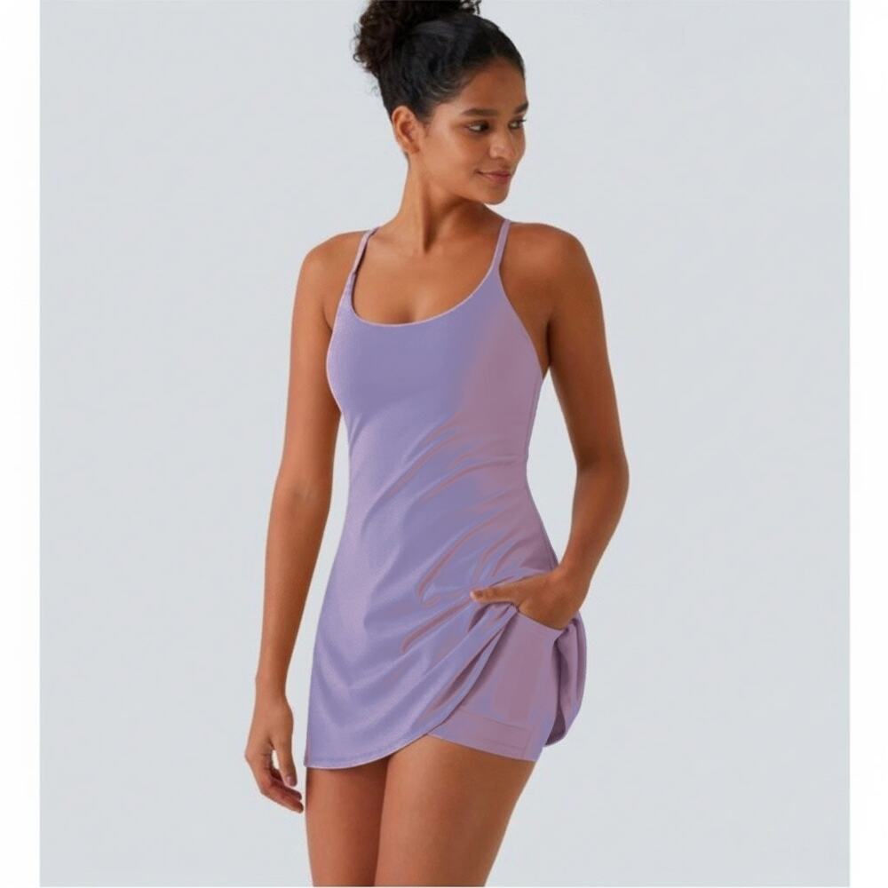 Mini Workout Dress Purple Lavender with Attached Shorts Pockets, Size M EUC